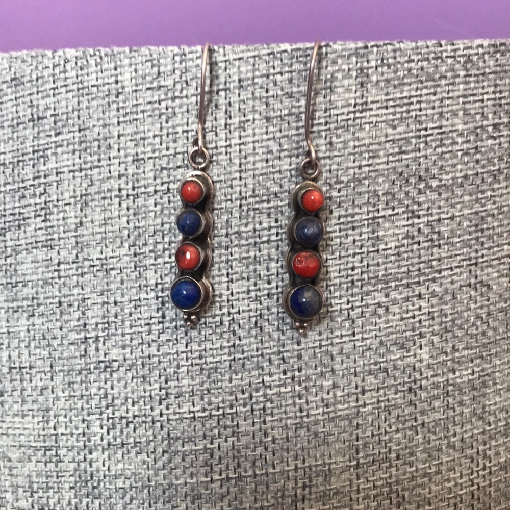 Vintage Red Coral and Lapis Earrings